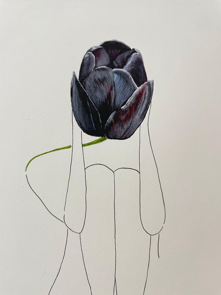 Black Tulip - line drawing woman figure with flower - Minimalist Art by Mila Akopova