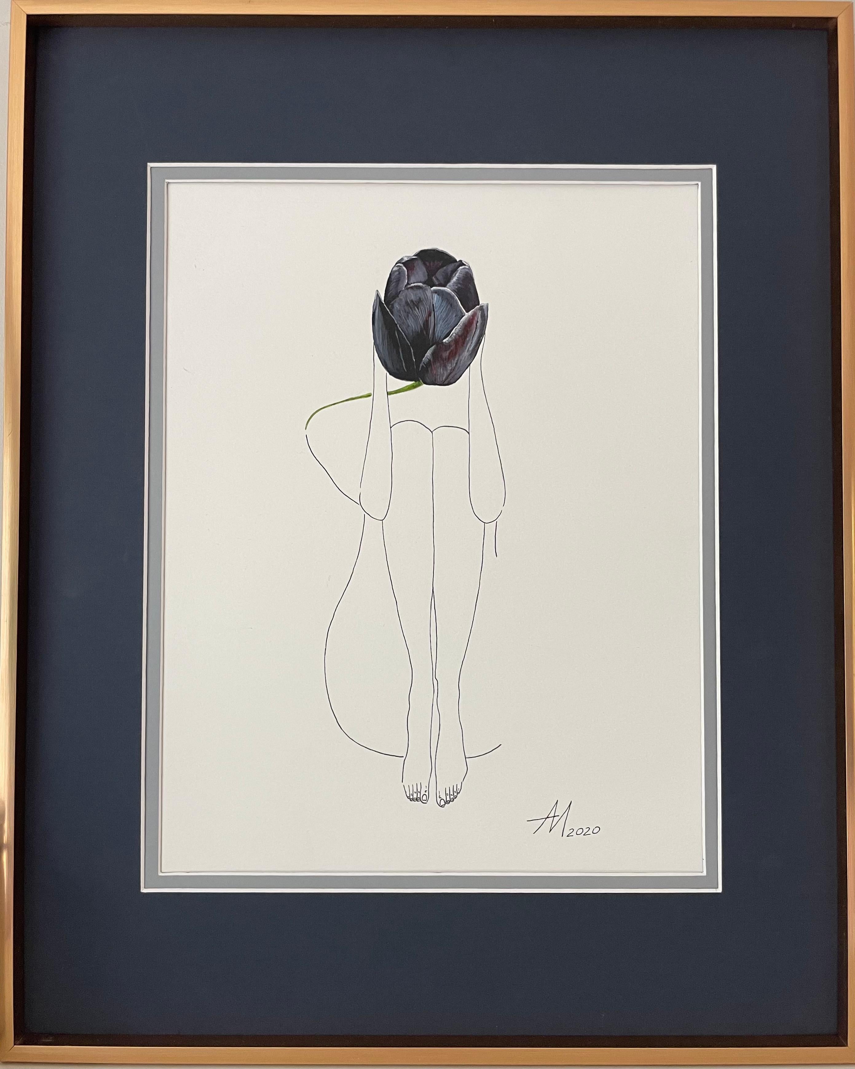 Mila Akopova Figurative Art - Black Tulip - line drawing woman figure with flower
