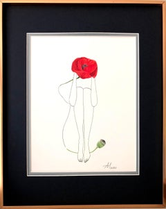 Red Poppy - line drawing woman figure with flower