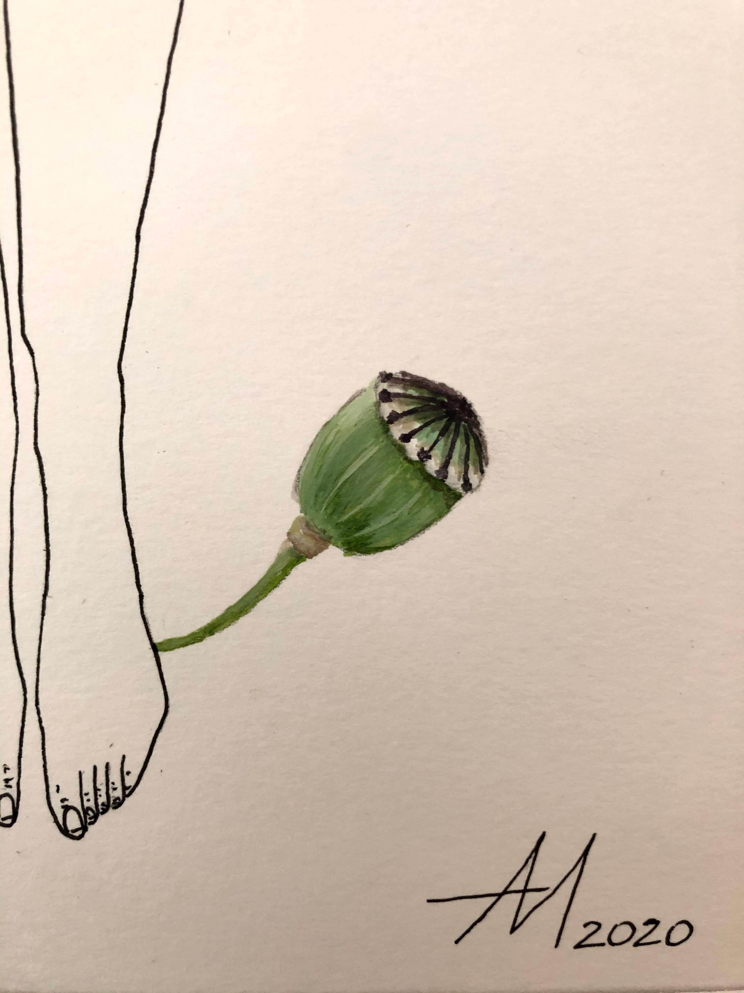 Amapola roja - dibujo lineal figura de mujer con flor - Abstract Drawing Blanco de Mila Akopova
