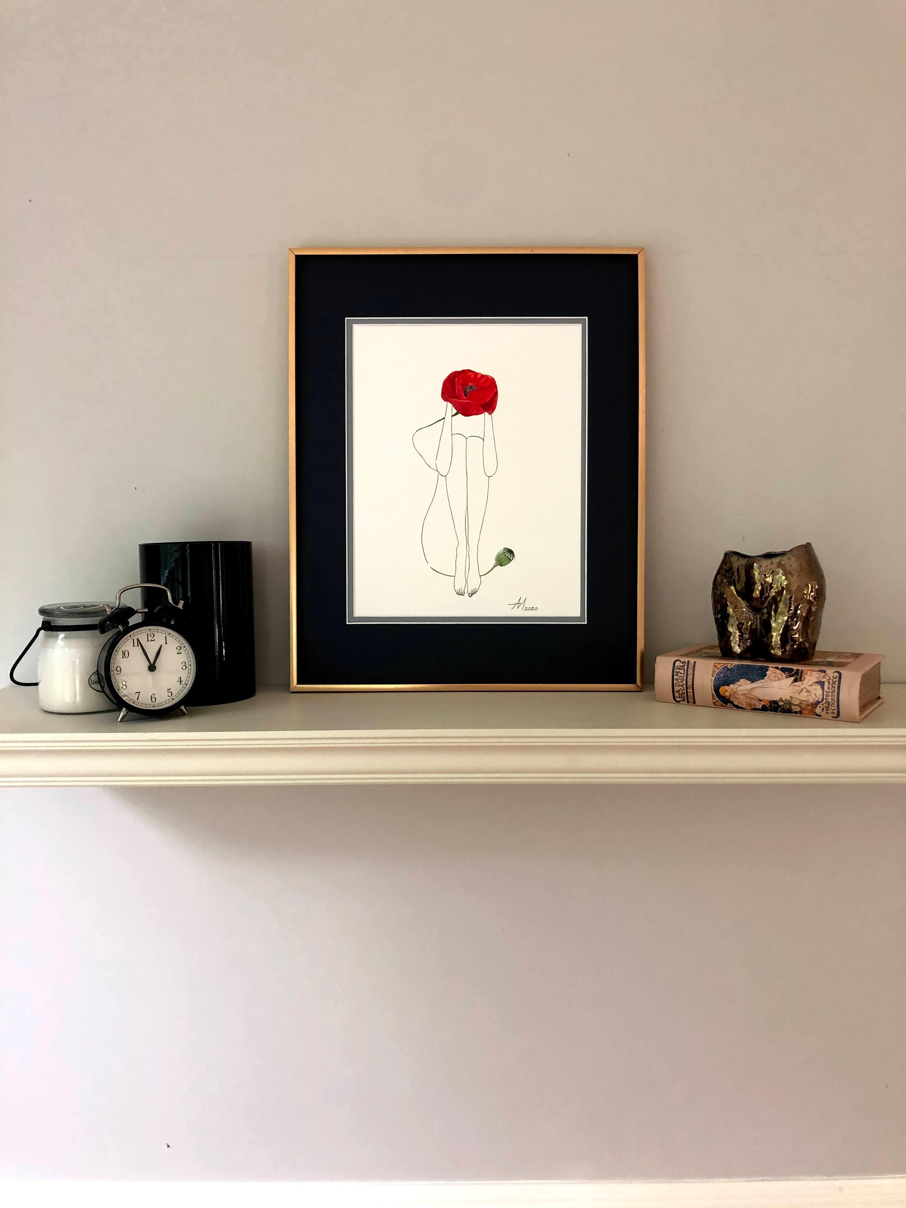 Red Poppy - line drawing woman figure with flower - Art by Mila Akopova