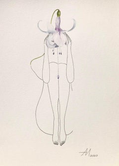 White Fuchsia (flower) - line drawing woman figure with white, purple flower