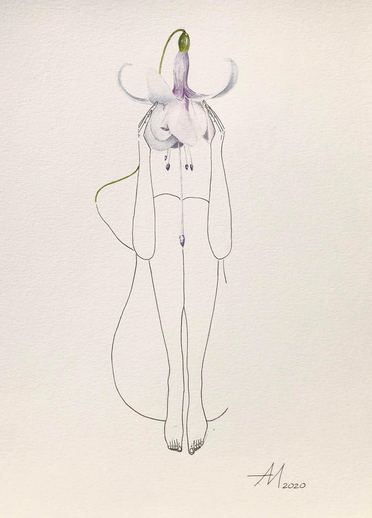Mila Akopova Figurative Art - White Fuchsia (flower) - line drawing woman figure with white, purple flower