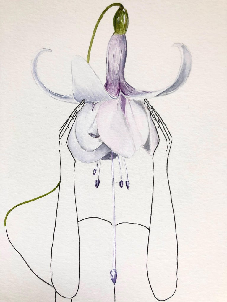 White Fuchsia (flower) - line drawing woman figure with white, purple flower - Art by Mila Akopova