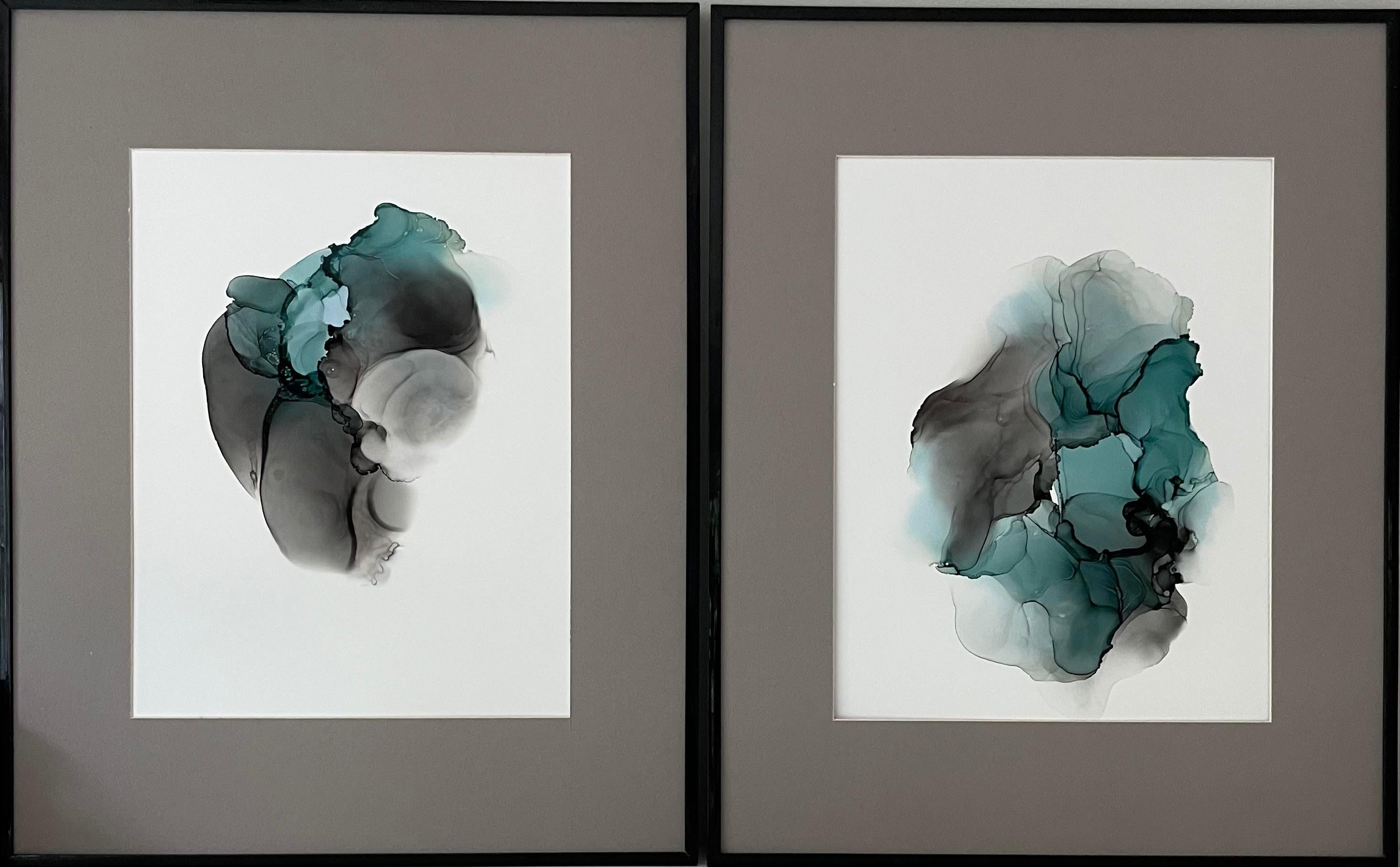 Mila Akopova Abstract Painting - Weightlessness  - abstraction art, made in grey, turquoise color 