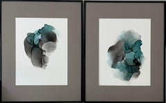 Weightlessness  - abstraction art, made in grey, turquoise color 