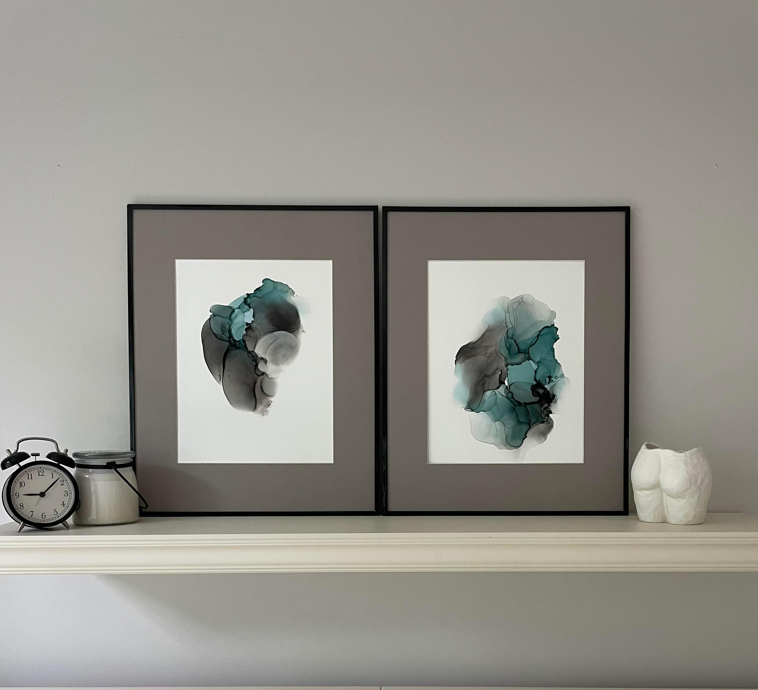 Weightlessness  - abstraction art, made in grey, turquoise color  - Painting by Mila Akopova