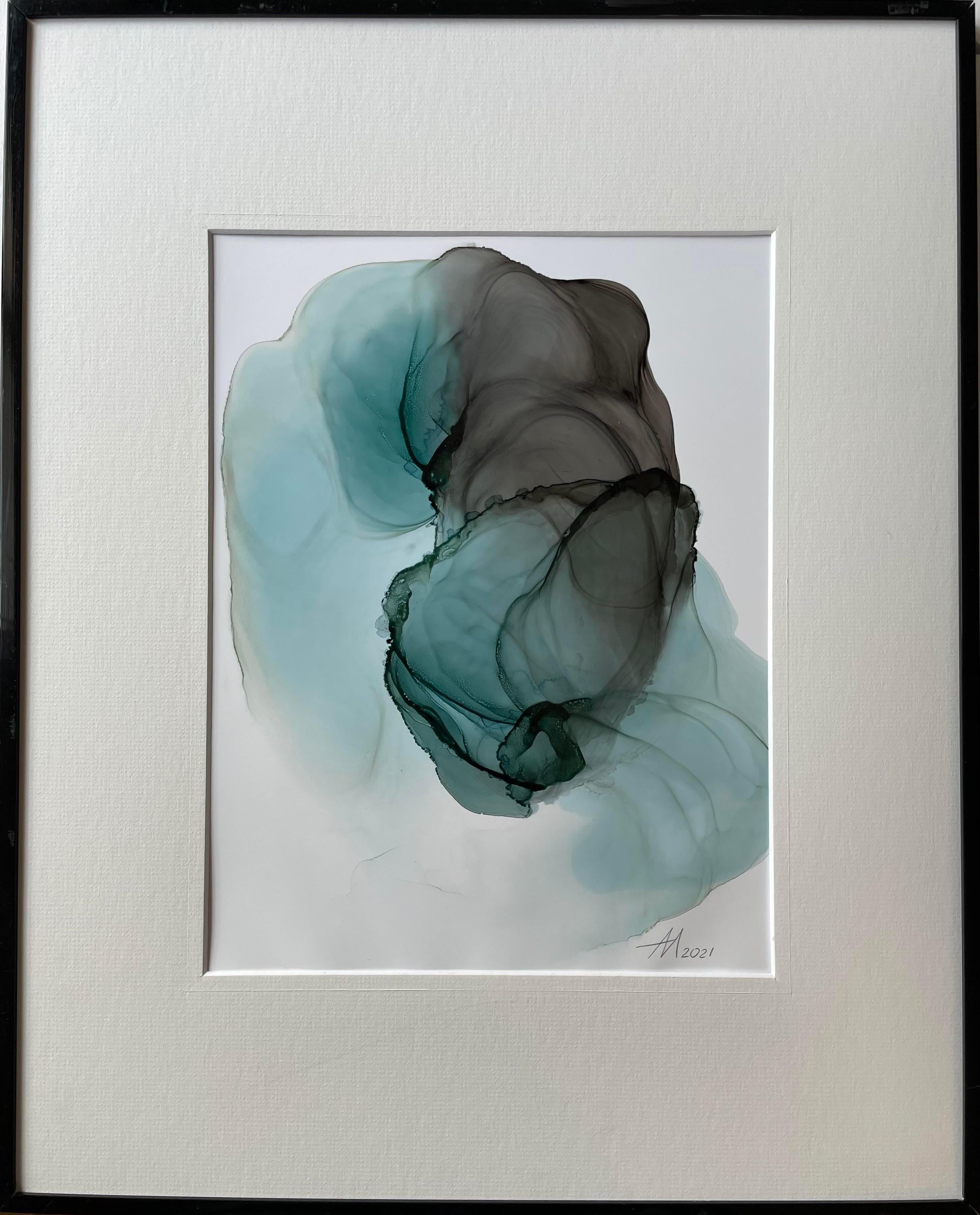 Mila Akopova Abstract Drawing - Fusion - abstract painting, made in turquoise, grey, black color