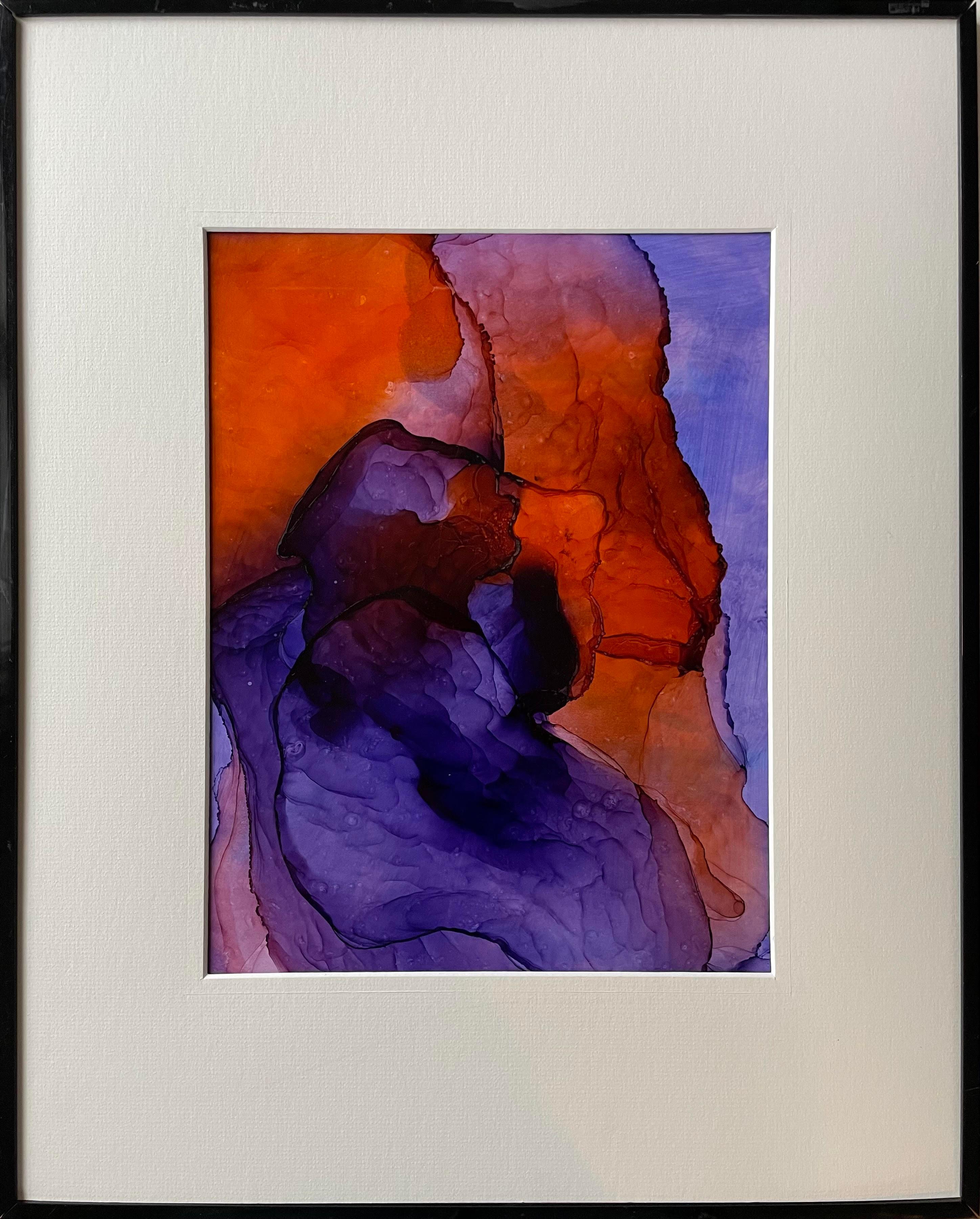 Mila Akopova Abstract Drawing – Emotionen – abstraktes Gemälde, in violetter, orangefarbener Farbe