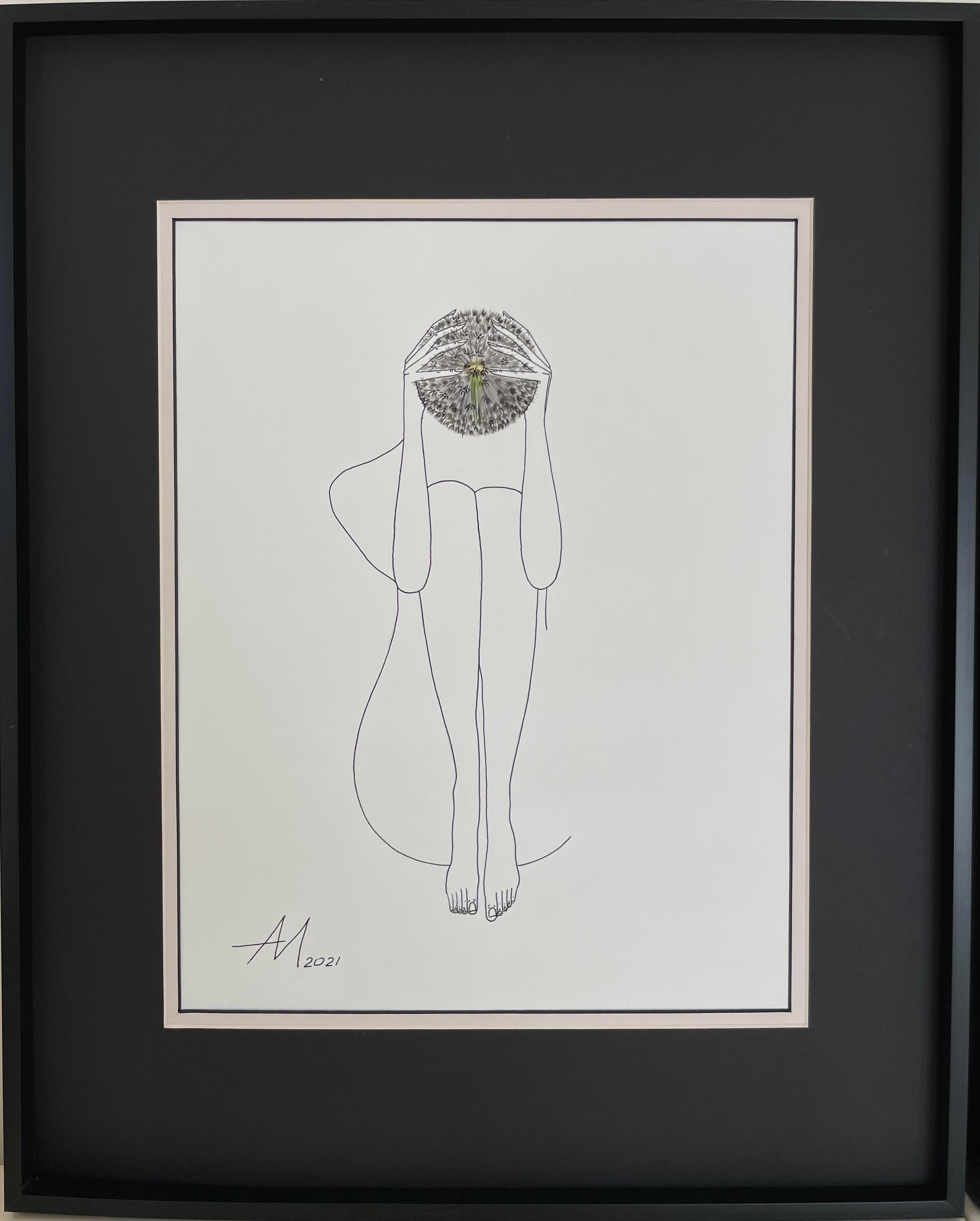 Thoughts – Linienzeichnung einer Frau mit gesprenkeltem Dandelion (Abstrakt), Art, von Mila Akopova