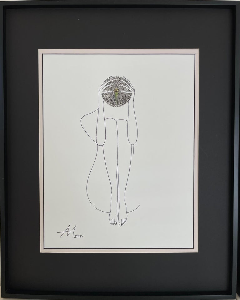 Thoughts - line drawing woman figure with scorched dandelion - Abstract Art by Mila Akopova