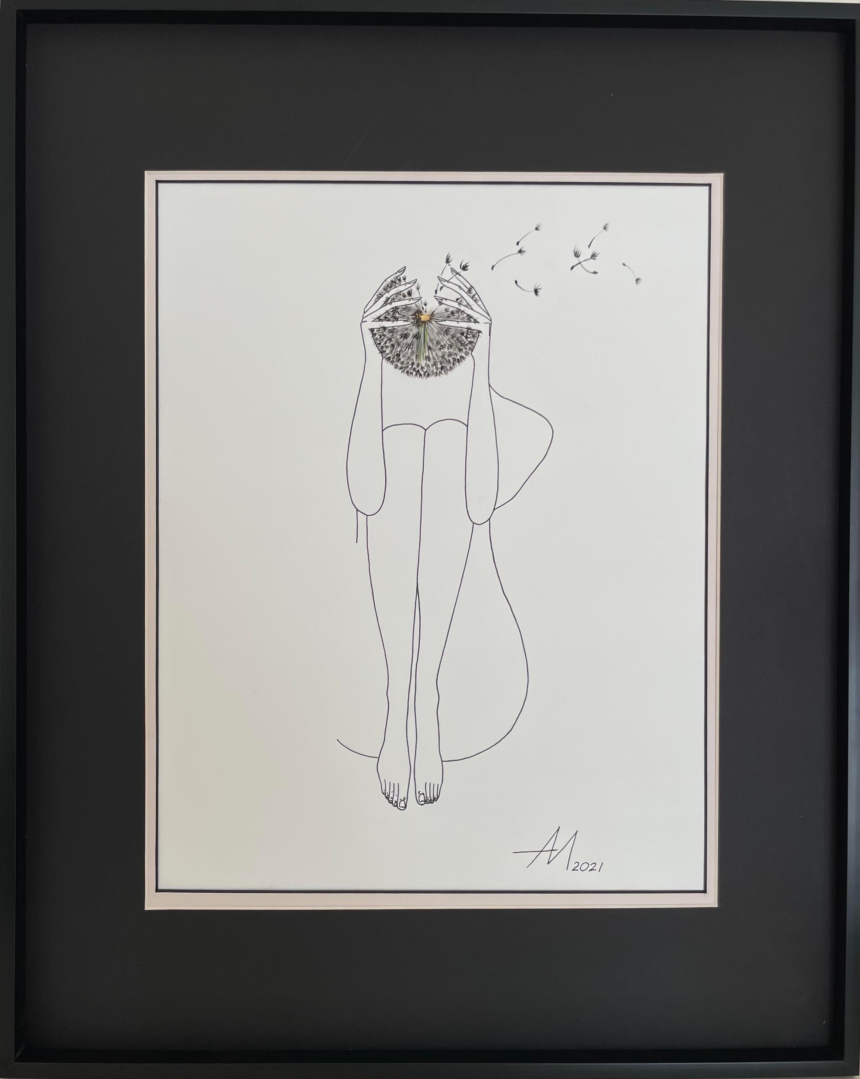 Thoughts – Linienzeichnung einer Frau mit gesprenkeltem Dandelion (Schwarz), Abstract Drawing, von Mila Akopova