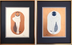 Bronze and white capsule - line drawing figure with deep blue disk and stripes