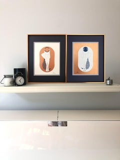 Cápsula de bronce y blanca - figura de dibujo lineal con disco y rayas azul oscuro