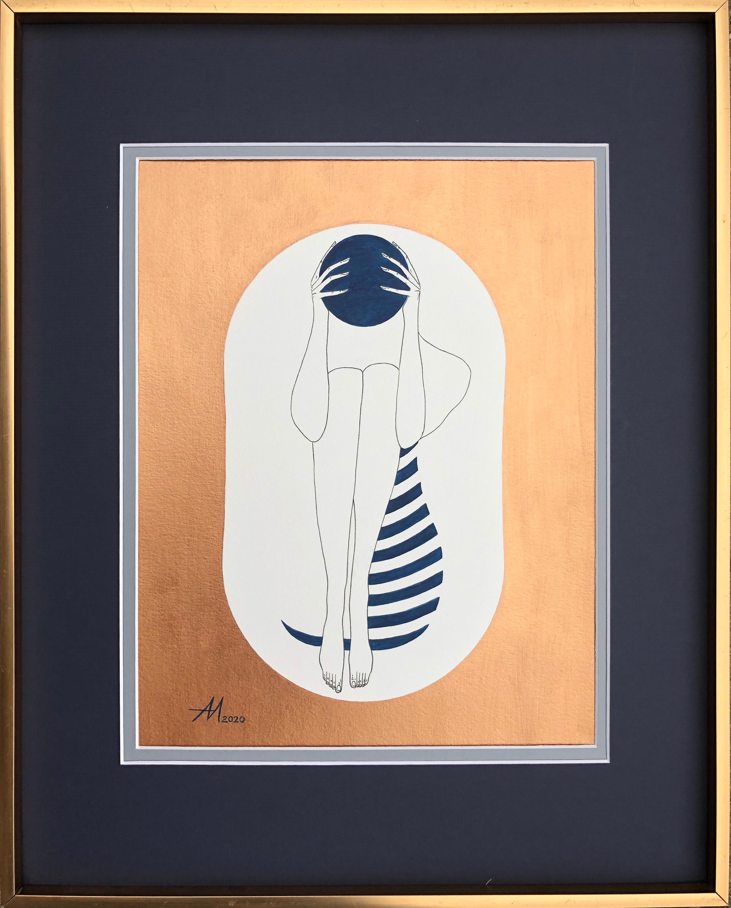 Bronze- und weiße Kapsel-Zeichnungsfigur mit tiefblauer Scheibe und Streifen (Beige), Abstract Drawing, von Mila Akopova