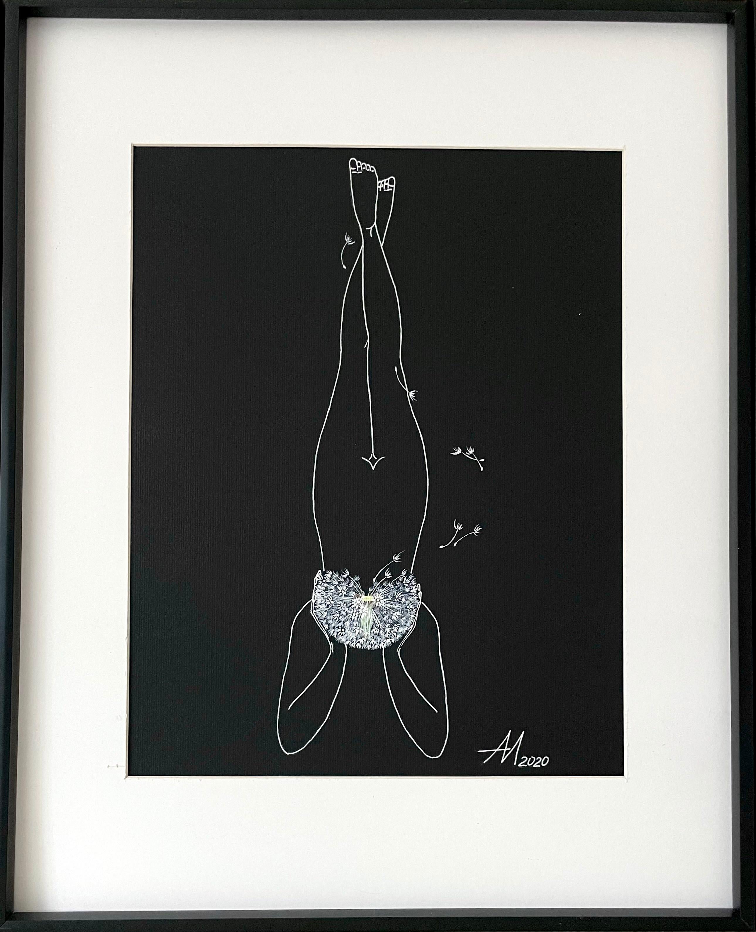 Thoughts (triptych) - line drawing woman figure with white dandelions - Black Abstract Drawing by Mila Akopova