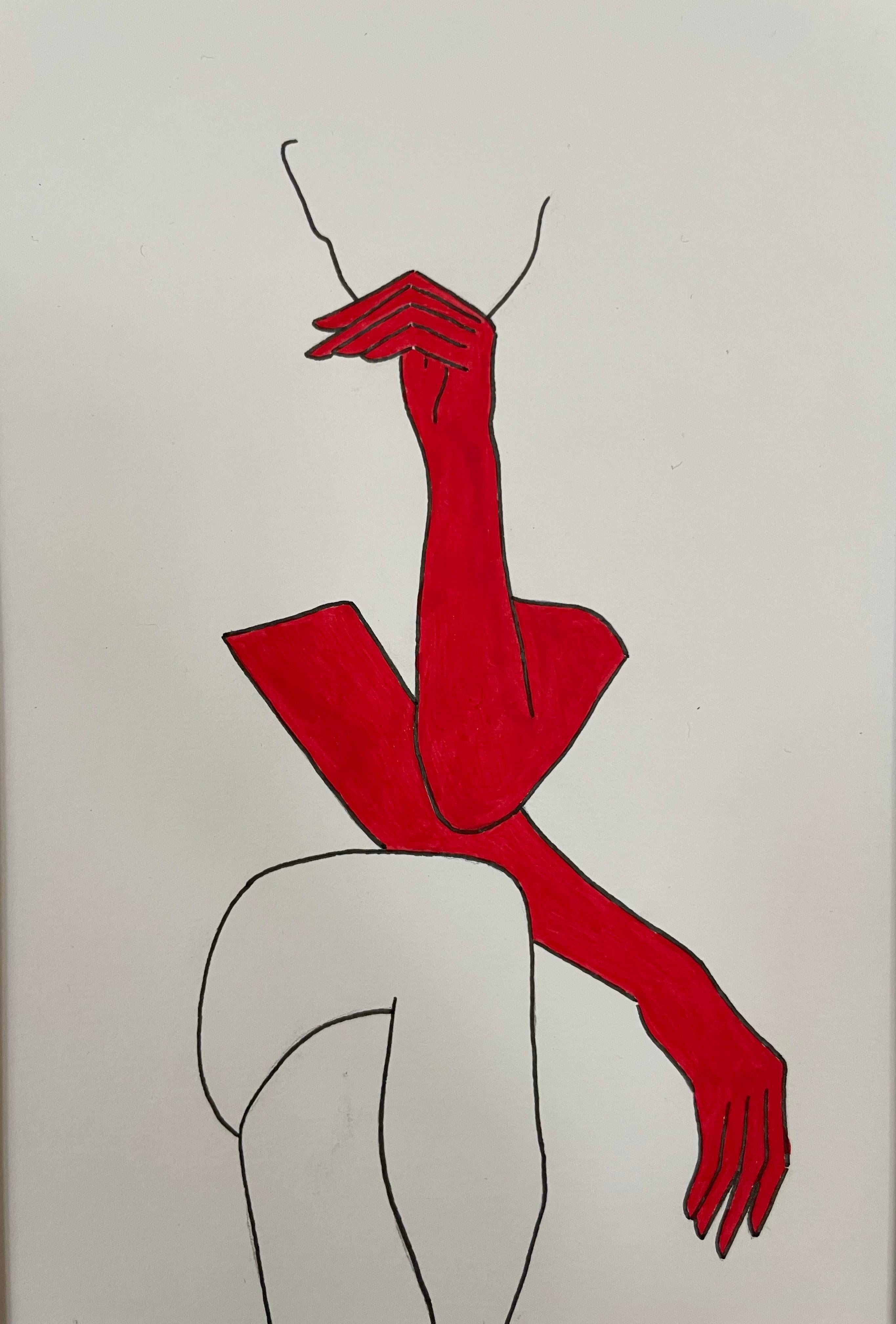 Challenge - Strichzeichnung Figur mit roten Handschuhen – Painting von Mila Akopova