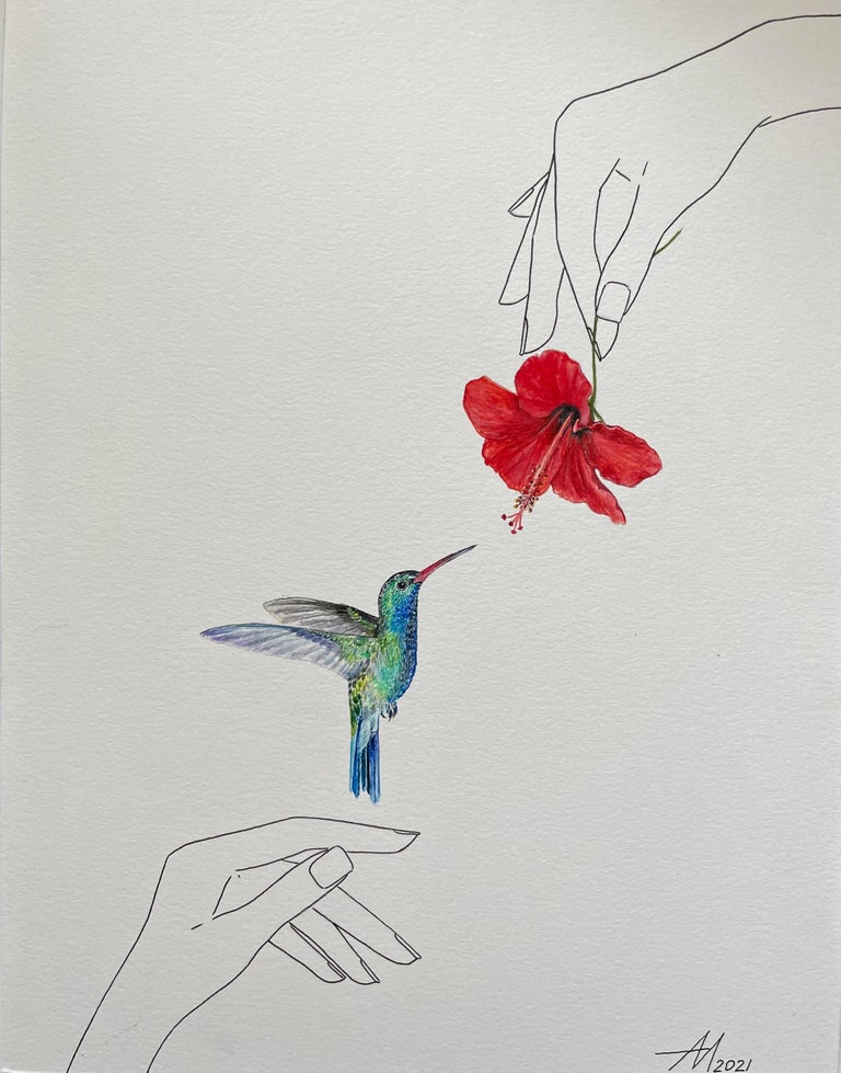 Delight - line drawing hands with flower and hummingbird - Painting by Mila Akopova