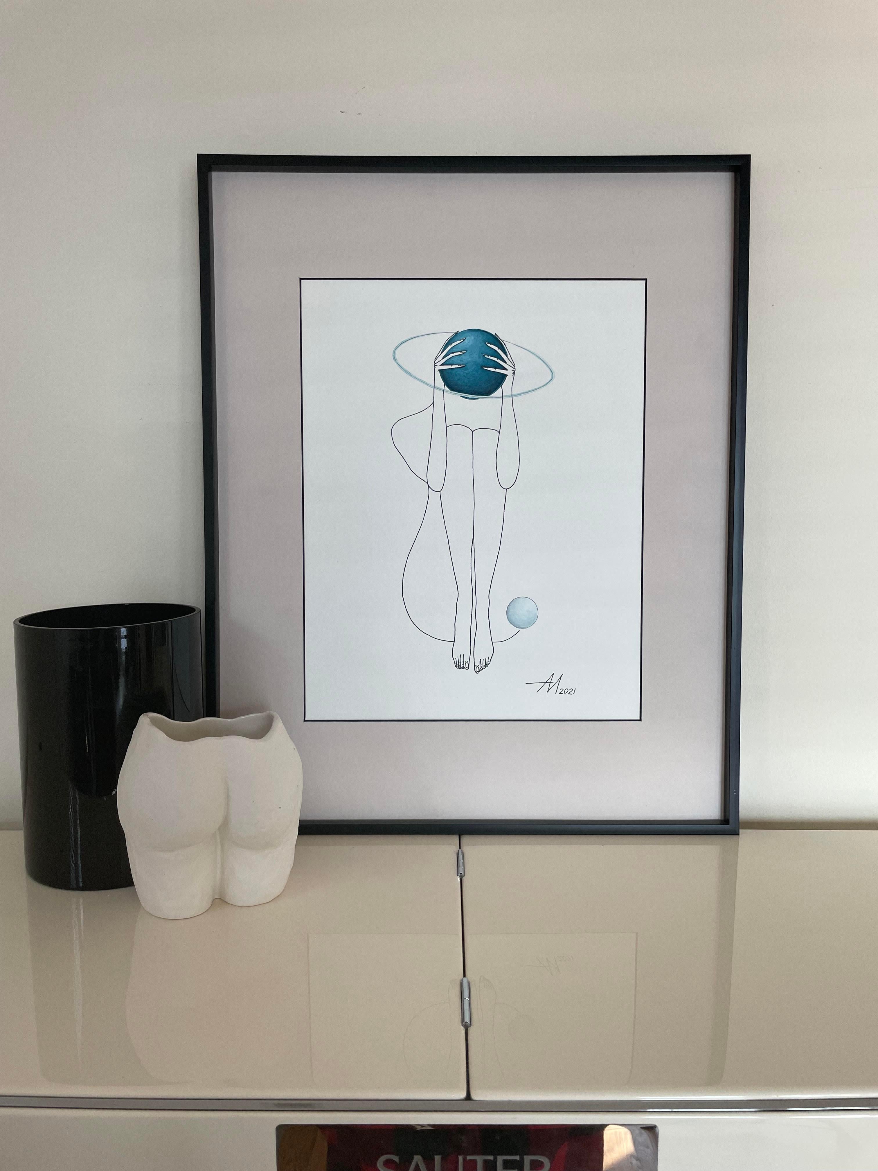 Uranus (turquoise blue planet) - line drawing woman figure with circle - Painting by Mila Akopova