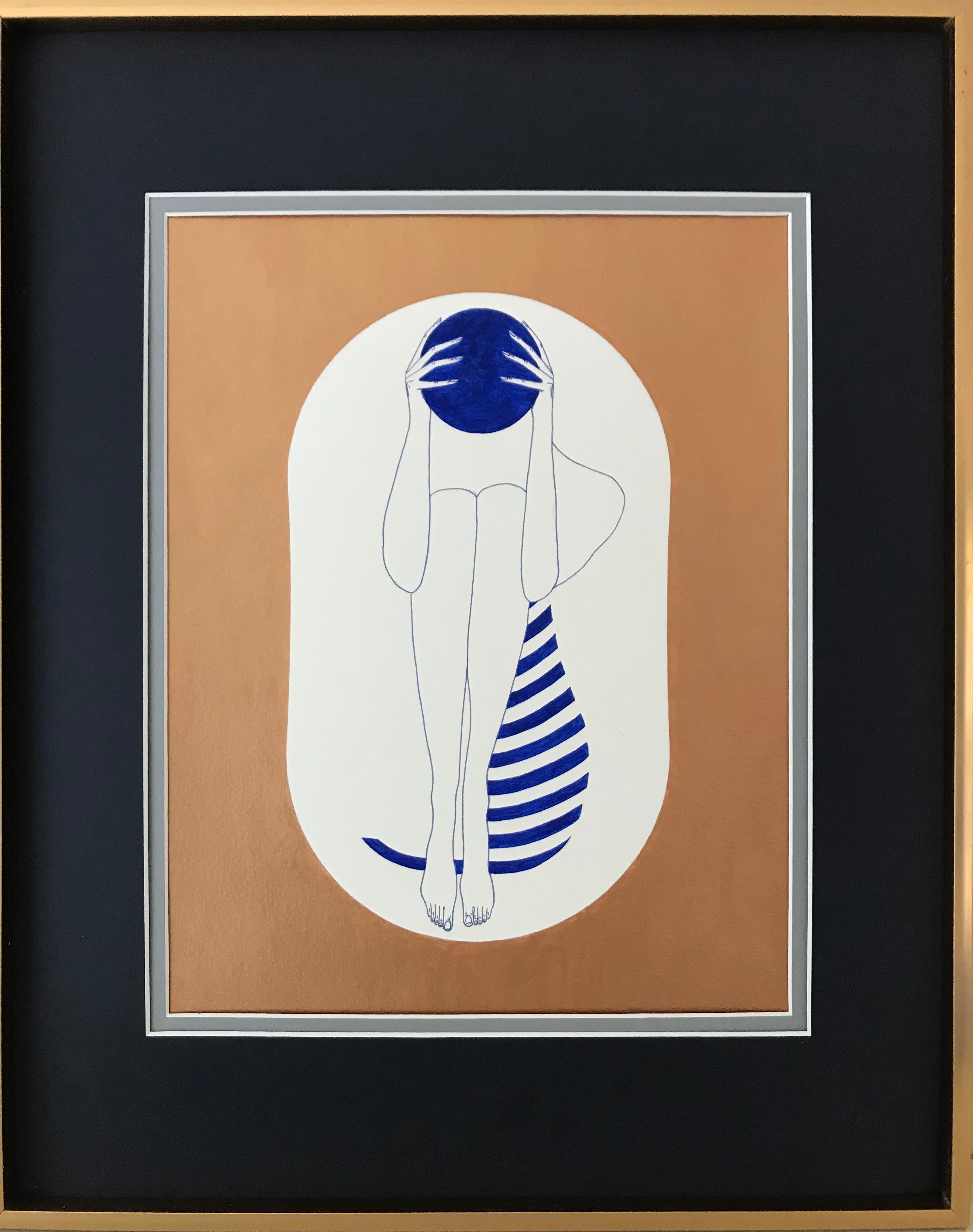 Bronze- und weiße Kapseln - Linienzeichnungsfigur mit ultramarinfarbener Scheibe, Streifen – Painting von Mila Akopova