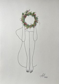 Christmas mood - line drawing woman figure with wreath