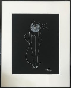 Thoughts - line drawing woman figure with white dandelion