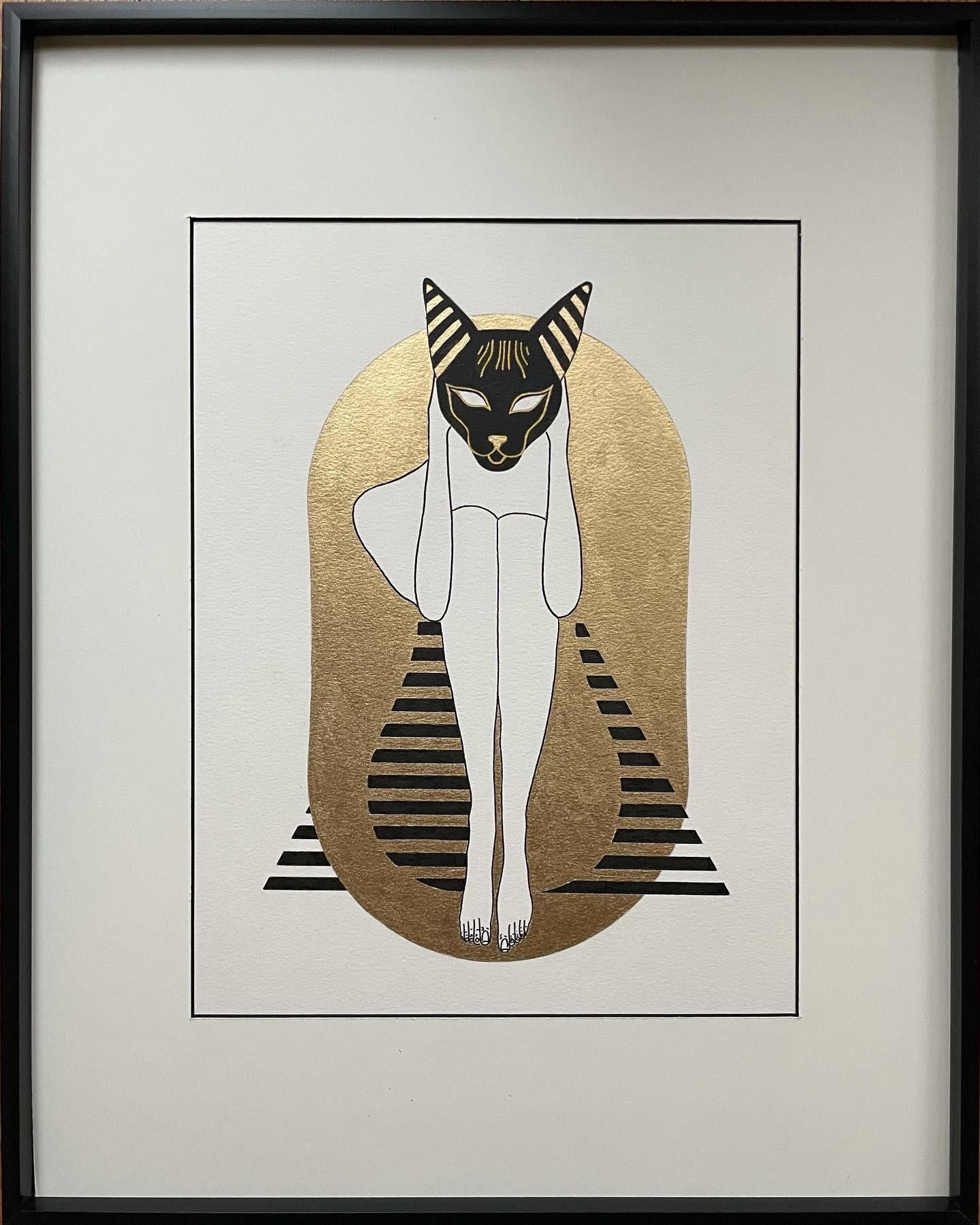 Mila Akopova Abstract Drawing - Sphinx (Sphynx) - depicts pyramid, gold sand, cat head of epyptian god Bastet