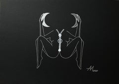 Junction - disegno al tratto di una figura di donna con luna nuova in argento