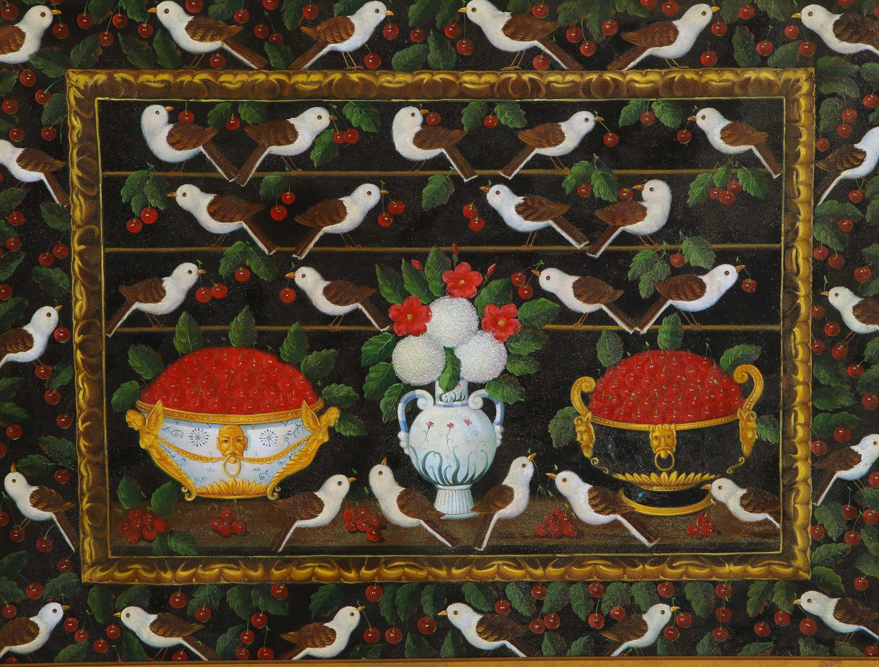 Studio of Miguel Canals (Spanish, 1925-1995) Bowl of Cherries, Birds and Flowers Oil on Canvas Painting in a Gilt-wood Frame.

Extremely fine quality painting. Very decorative. 

Canvas size: 48