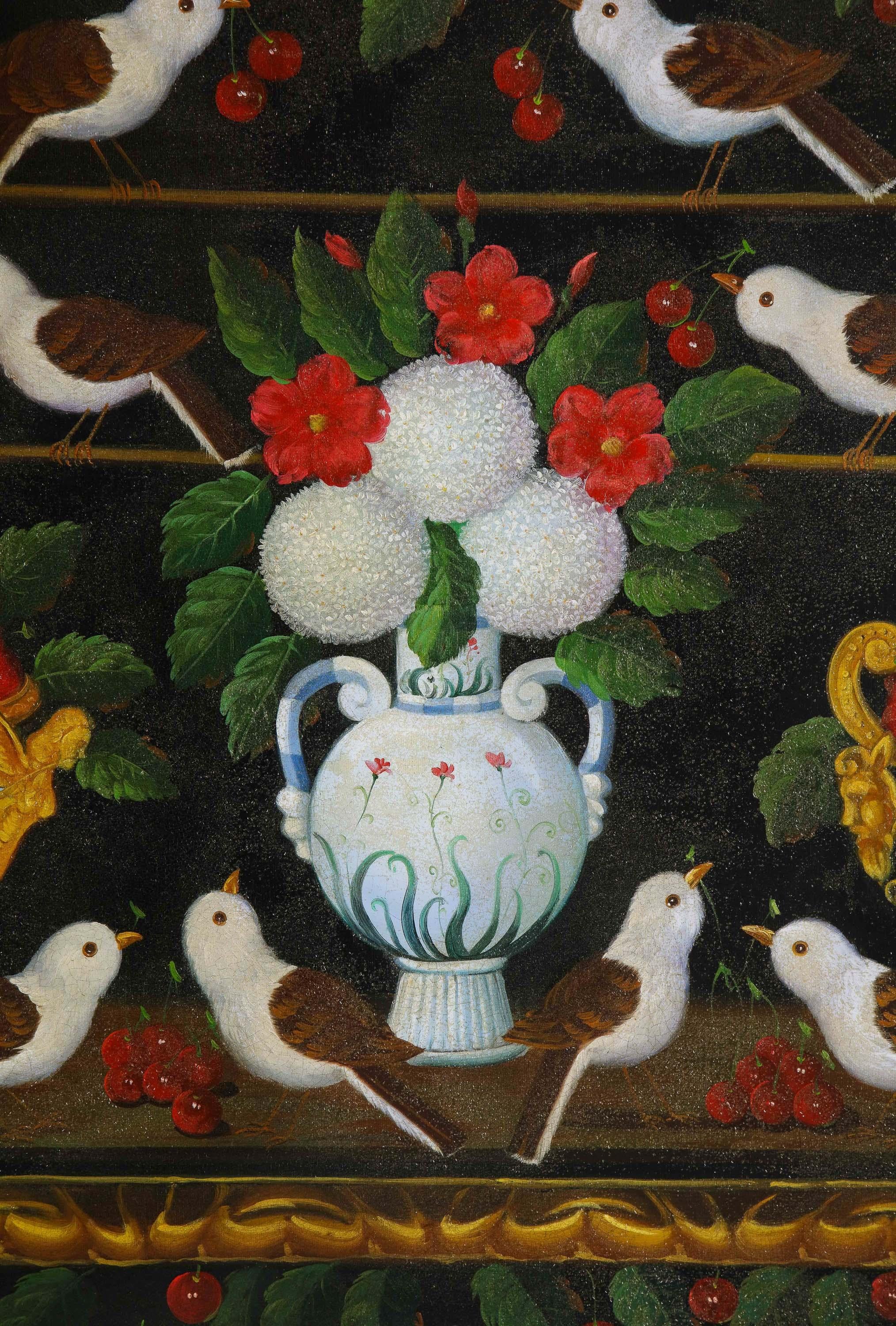 Studio of Miguel Canals (Spanish 1925-1995) Cherries, Birds & Flowers Oil Canvas 2