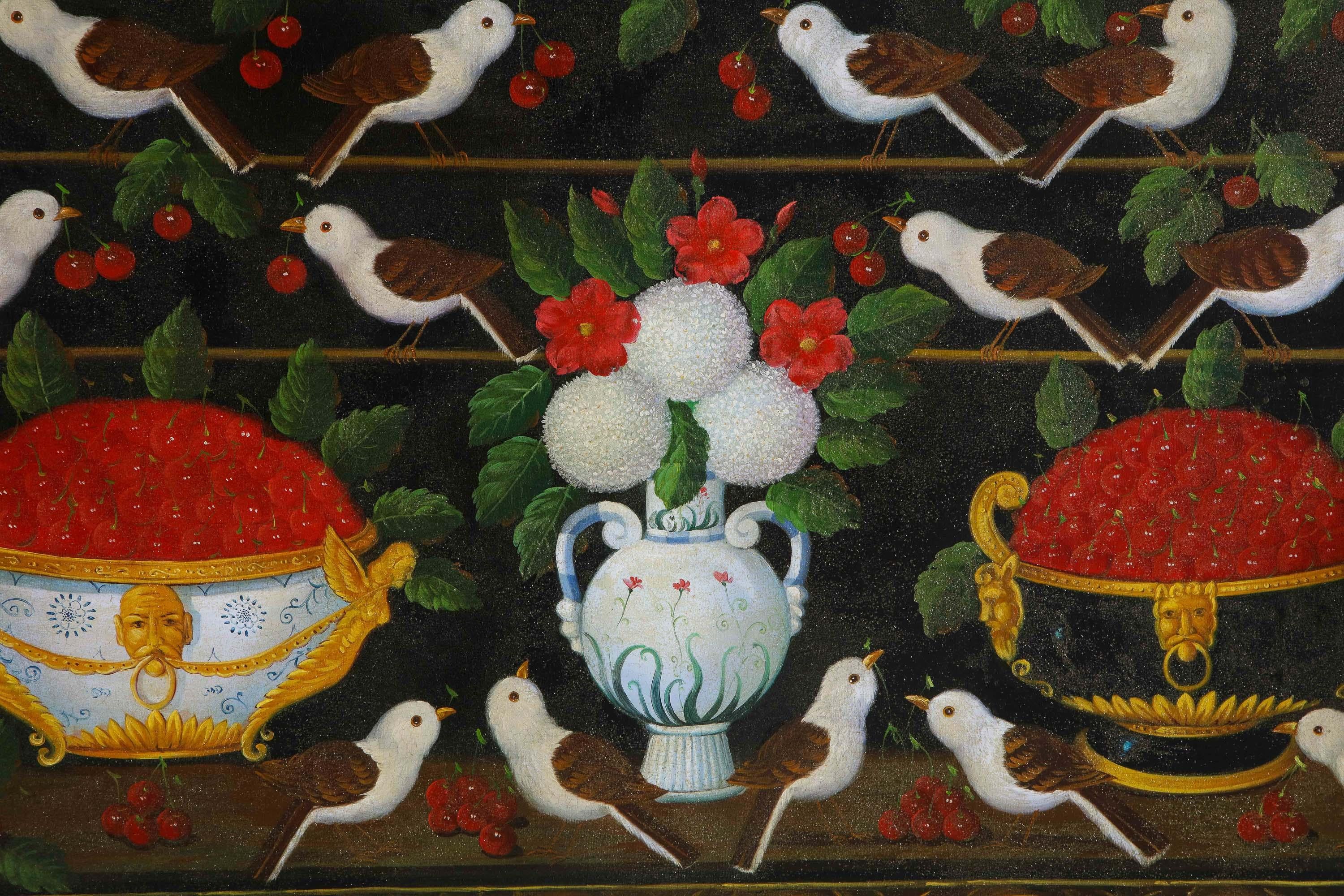 Studio of Miguel Canals (Spanish 1925-1995) Cherries, Birds & Flowers Oil Canvas 8