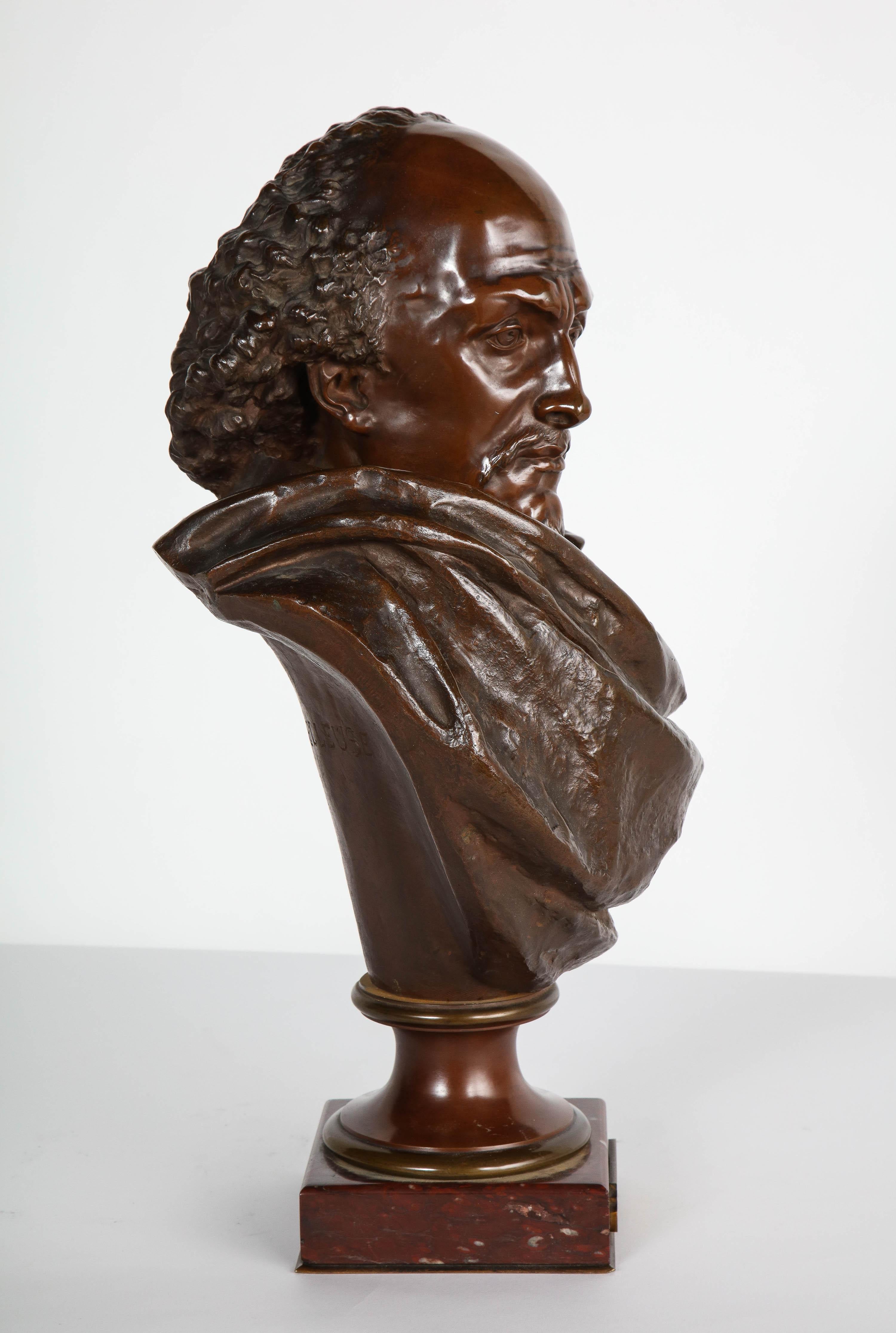 Rare French bronze bust of William Shakespeare by Carrier Belleuse and Pinedo, circa 1870.  

Signed - A. Carrier-Belleuse Paris and inscribed PINEDO fondeur, on a red marble base.  

Measures: 22