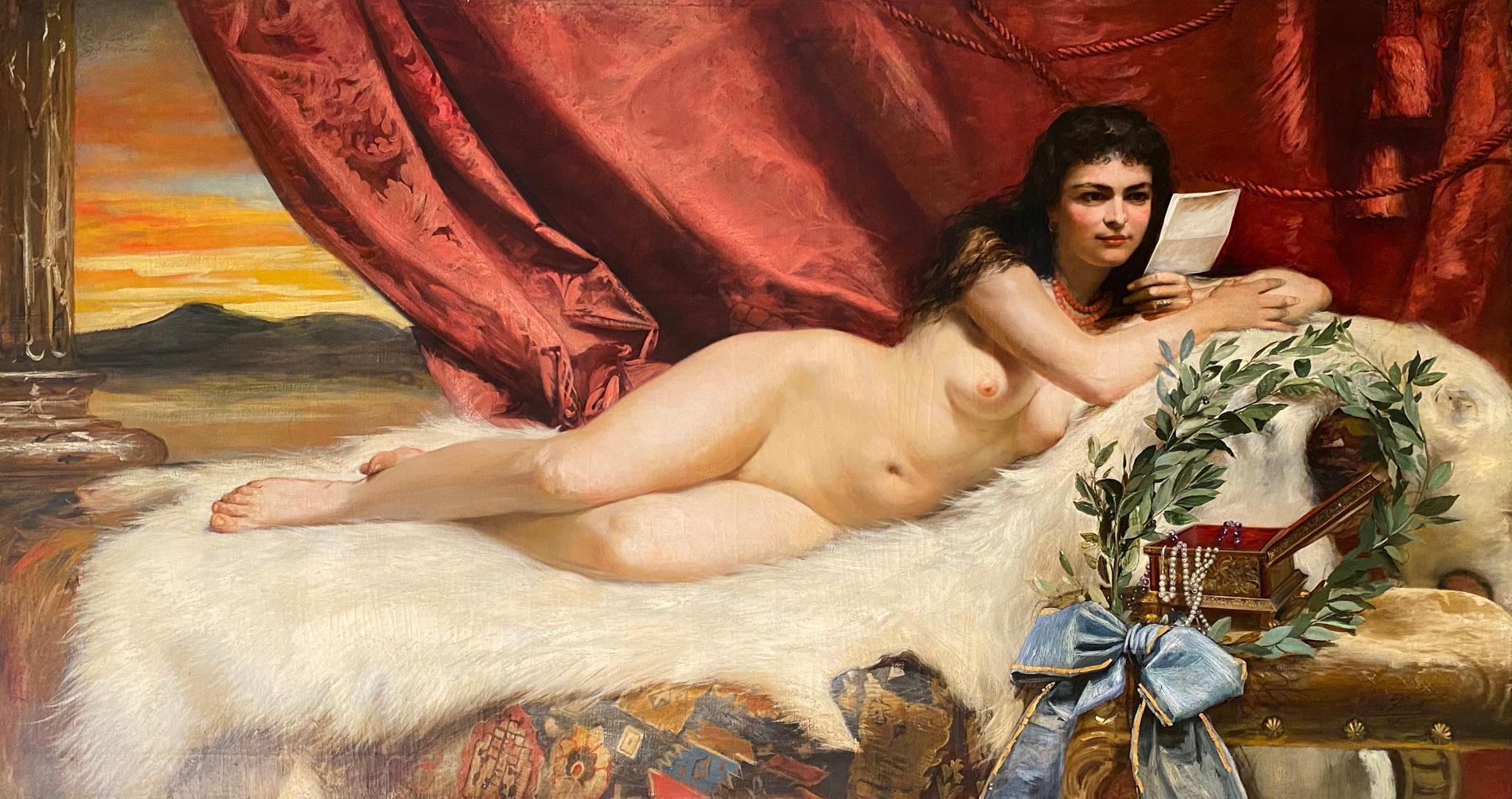 Adolf Pirsch (1858 - 1929, Austrian) A Monumental Oil on Canvas of A Reclining Orientalist Nude Reading

Signed and dated lower right, 1895.

Very large and vibrant. Good quality.

Provenance: Christie's London June 21, 2002 Lot 250

Canvas size: