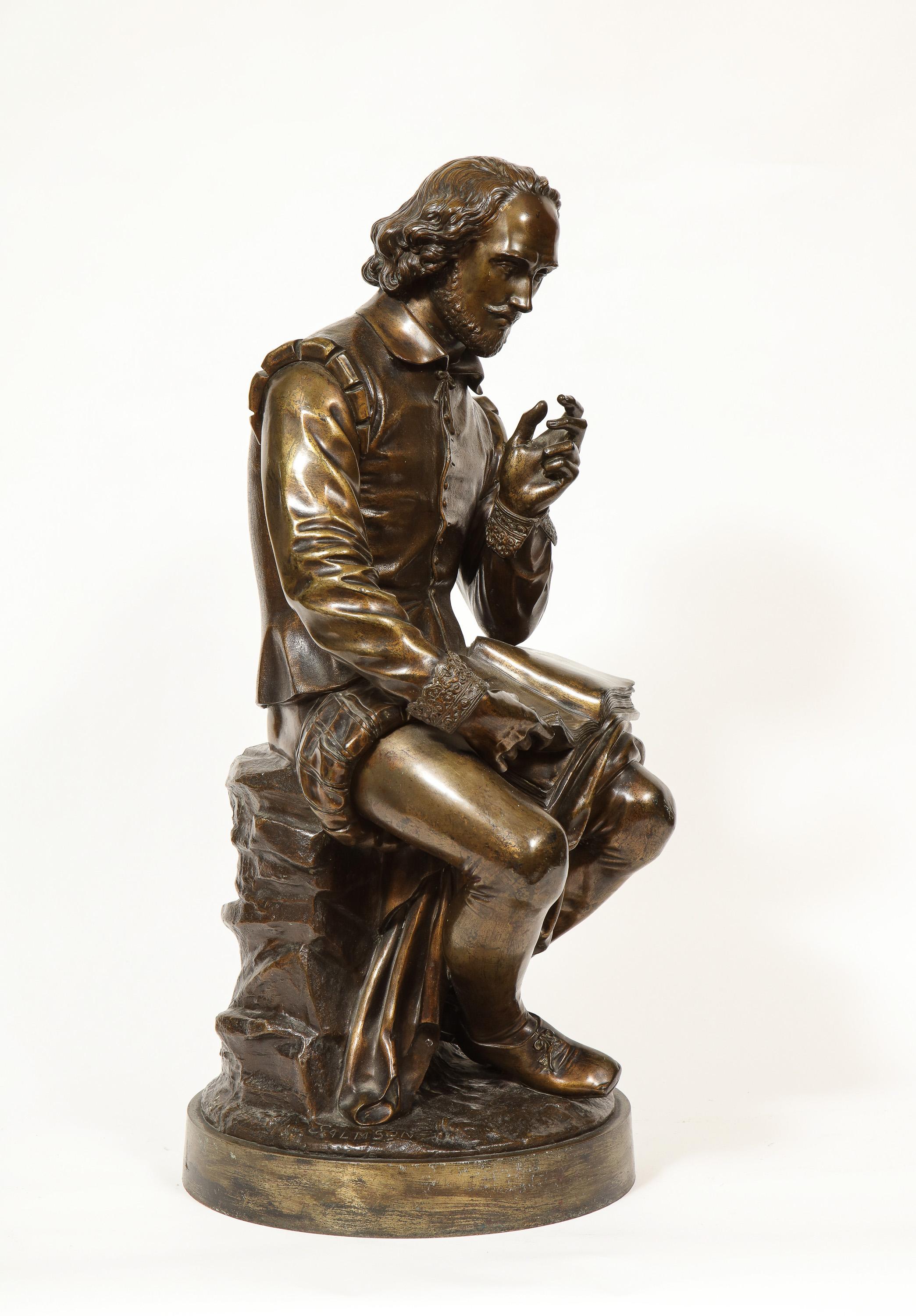 Jean Jules B. Salmson Bronze Sculpture of William Shakespeare Seated with Books - Gold Figurative Sculpture by Jean-Jules Salmson