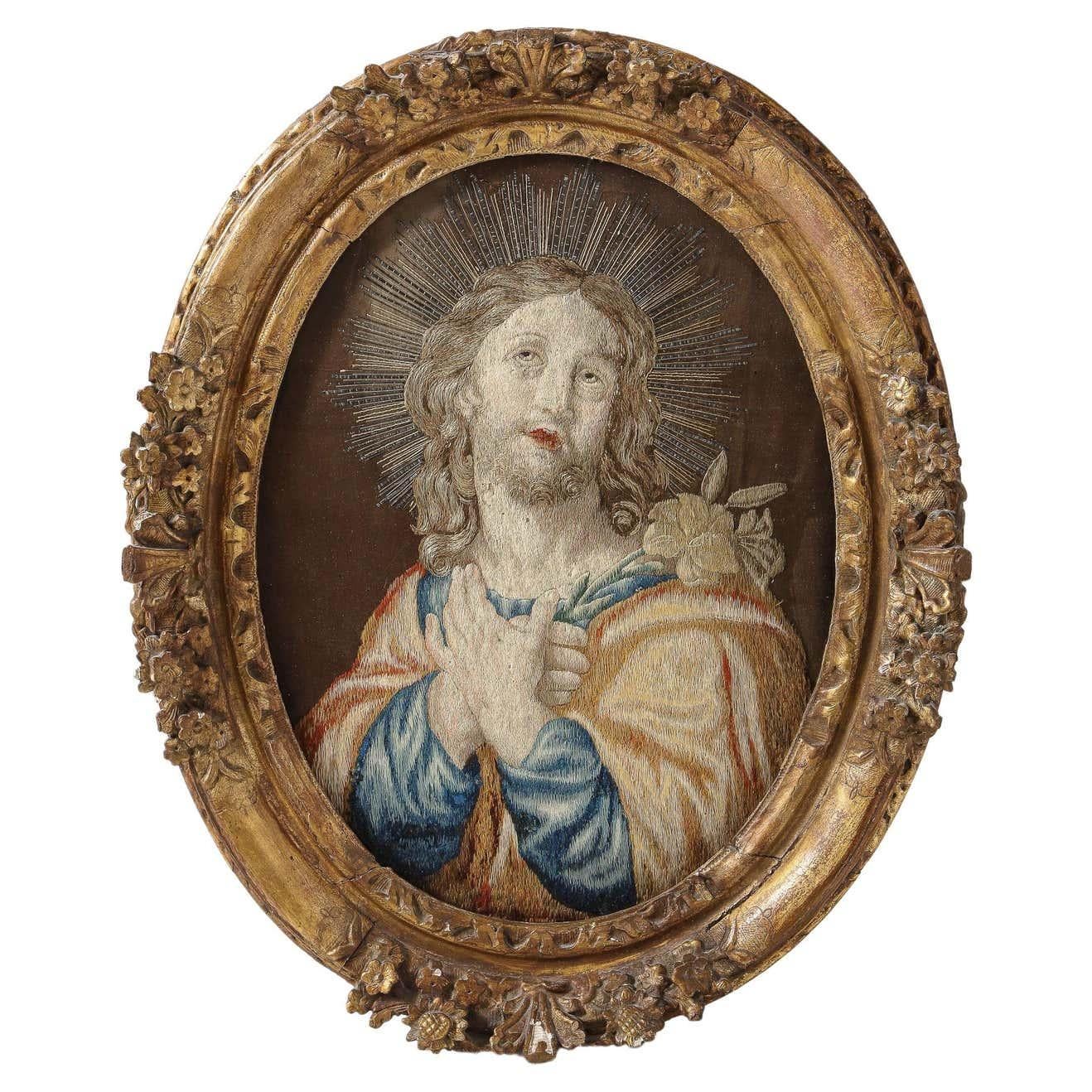 18th Century Italian Embroidered Panel of Holy Jesus Christ, in Original Frame - Art by Unknown