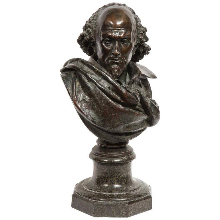 Albert-Ernest Carrier-Belleuse Figurative Sculpture - Rare French Patinated Bronze Bust of William Shakespeare, Carrier-Belleuse
