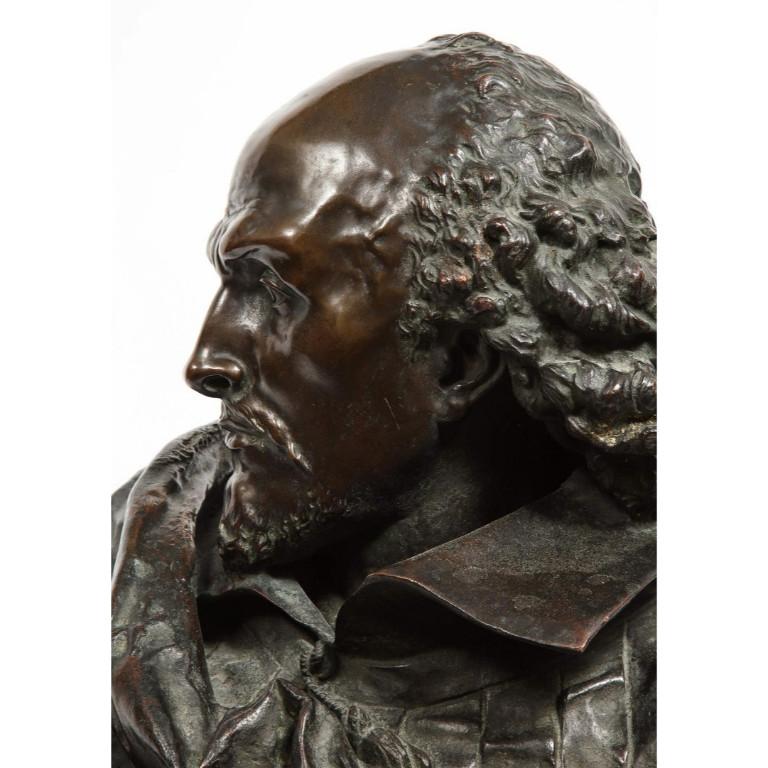 Rare French Patinated Bronze Bust of William Shakespeare, Carrier-Belleuse - Romantic Sculpture by Albert-Ernest Carrier-Belleuse