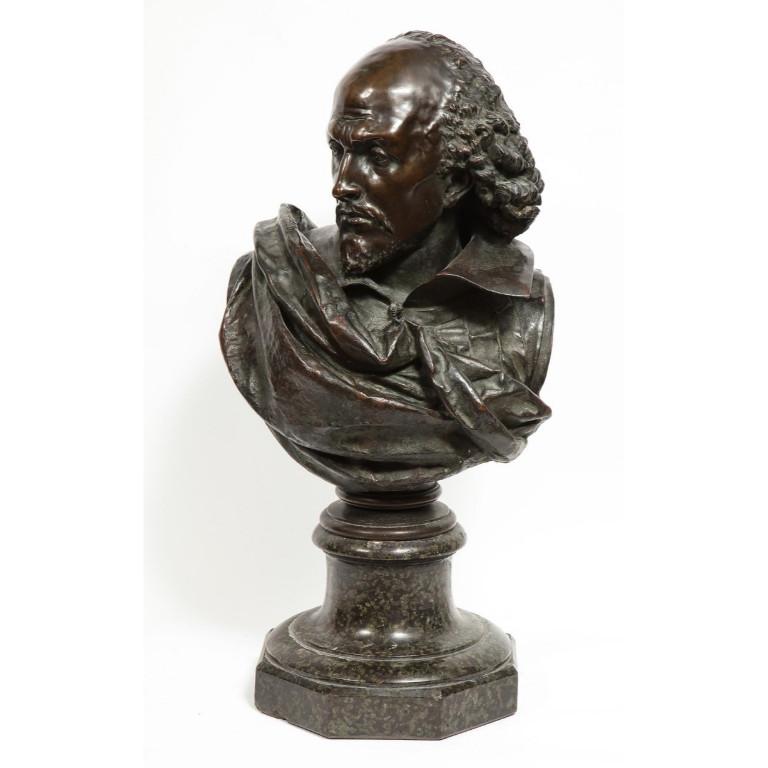 Rare French Patinated Bronze Bust of William Shakespeare, Carrier-Belleuse 1