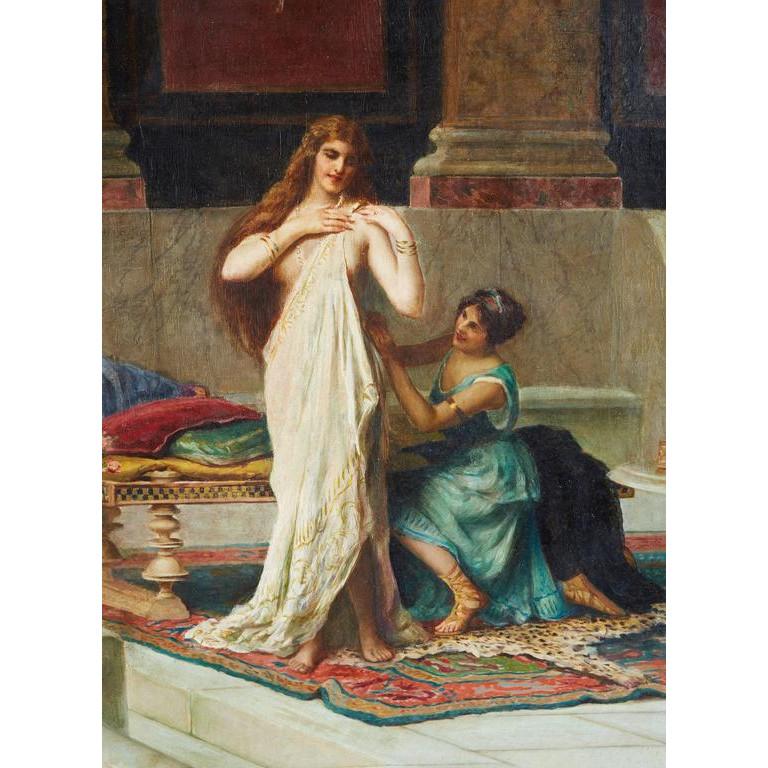 Guglielmo Zocchi (Italian, 1874-1974) Harem Scene orientalist oil painting,  late 19th century.  A fantastic work of art by Guglielmo Zocchi.  Oil on canvas.  Signed G. Zocchi, middle right.  Canvas size: 27 x 36 inches.  Guglielmo Zocchi is an