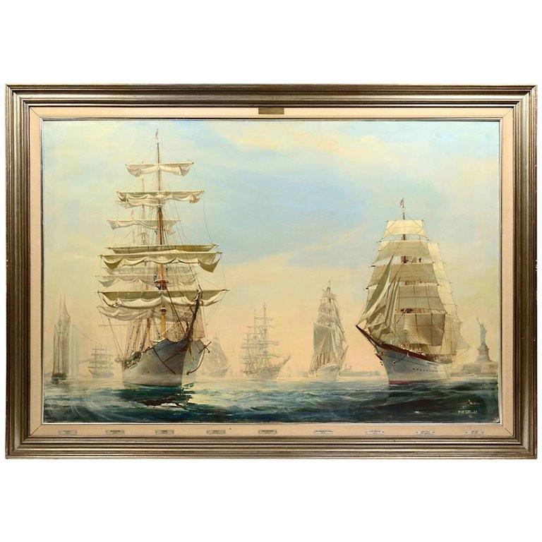 Kipp Soldwedel (Américain 1913-1999)   "Opération voile" huile sur toile

Peinture très rare représentant l'arrivée de tous les grands voiliers participant à l'événement du port de New York en 1964 et célébrant la naissance de l'Amérique. Encadré de