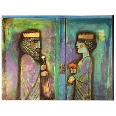 Vintage Nasser Ovissi, (Iranian, Born 1934) "Darius and Atossa" Oil on Canvas Painting