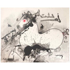 Nasser Ovissi, (Iranian, Born 1934) "White Arabian Horse" Oil on Canvas Painting