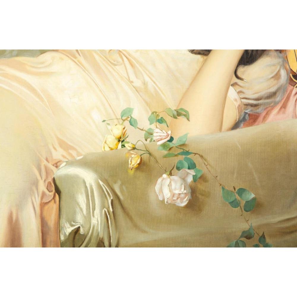 Exquisite Quality French Art Nouveau oil on canvas painting of an elegant lady and pup, titled 