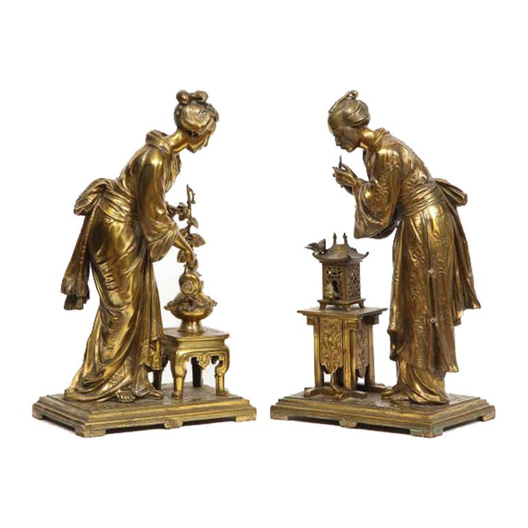 A Rare Pair of French Japonisme Bronze Sculptures by Eugene Laurent, circa 1870.

Super quality sculptures depicting a Japanese Geisha and her Attendant. Can be converted into lamps.
Bronzes of this subject and quality are extremely rare and hard to