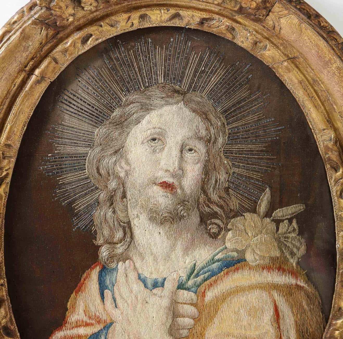 18th Century Italian Embroidered Panel of Holy Jesus Christ, in Original Frame 1