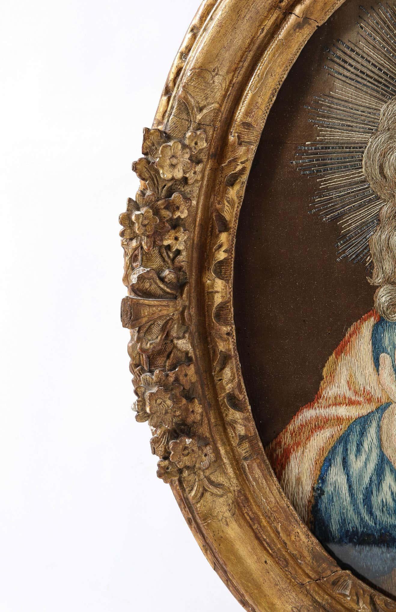 18th Century Italian Embroidered Panel of Holy Jesus Christ, in Original Frame 3