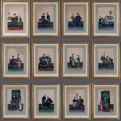 Antique Twelve Early 19th Century Chinese Export Rice Paper Court Scenes