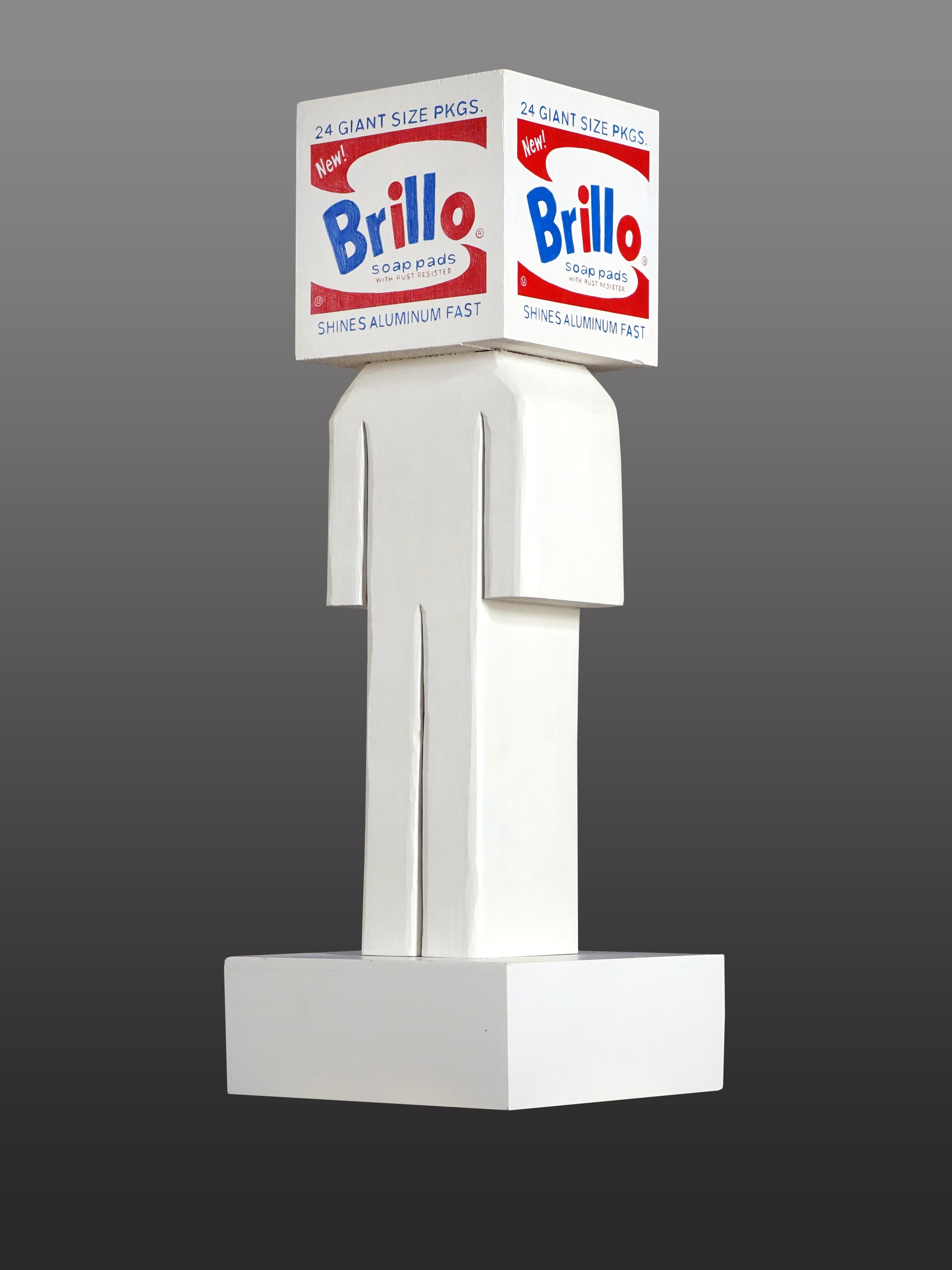 BLOCKHEADS are hand-carved and painted, highlighting the individuality and uniqueness of each piece.  BLOCKHEADS explore cultural iconography from all section of society but with an eye towards art history, music and toys.  This Brillo Box sculpture