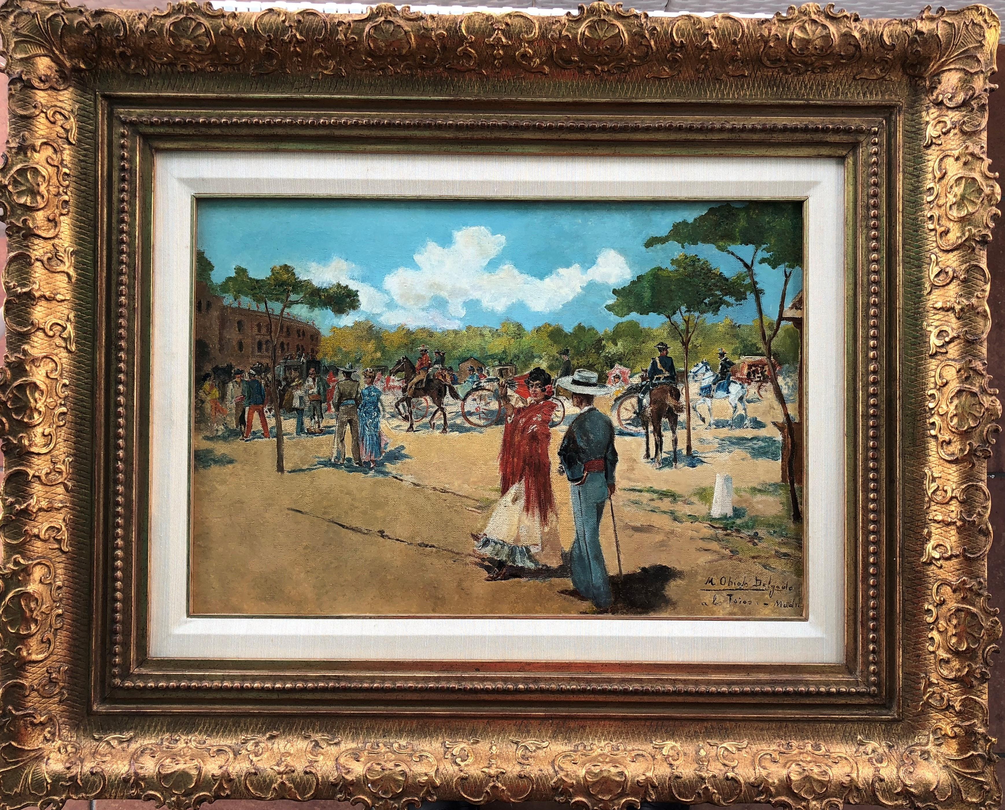 Going to bullfight, Madrid Spain - original oil canvas painting - Painting by Mariano Obiols Delgado