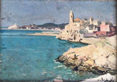 Josep Puigdengolas view of Sitges Spanish seascape oil painting